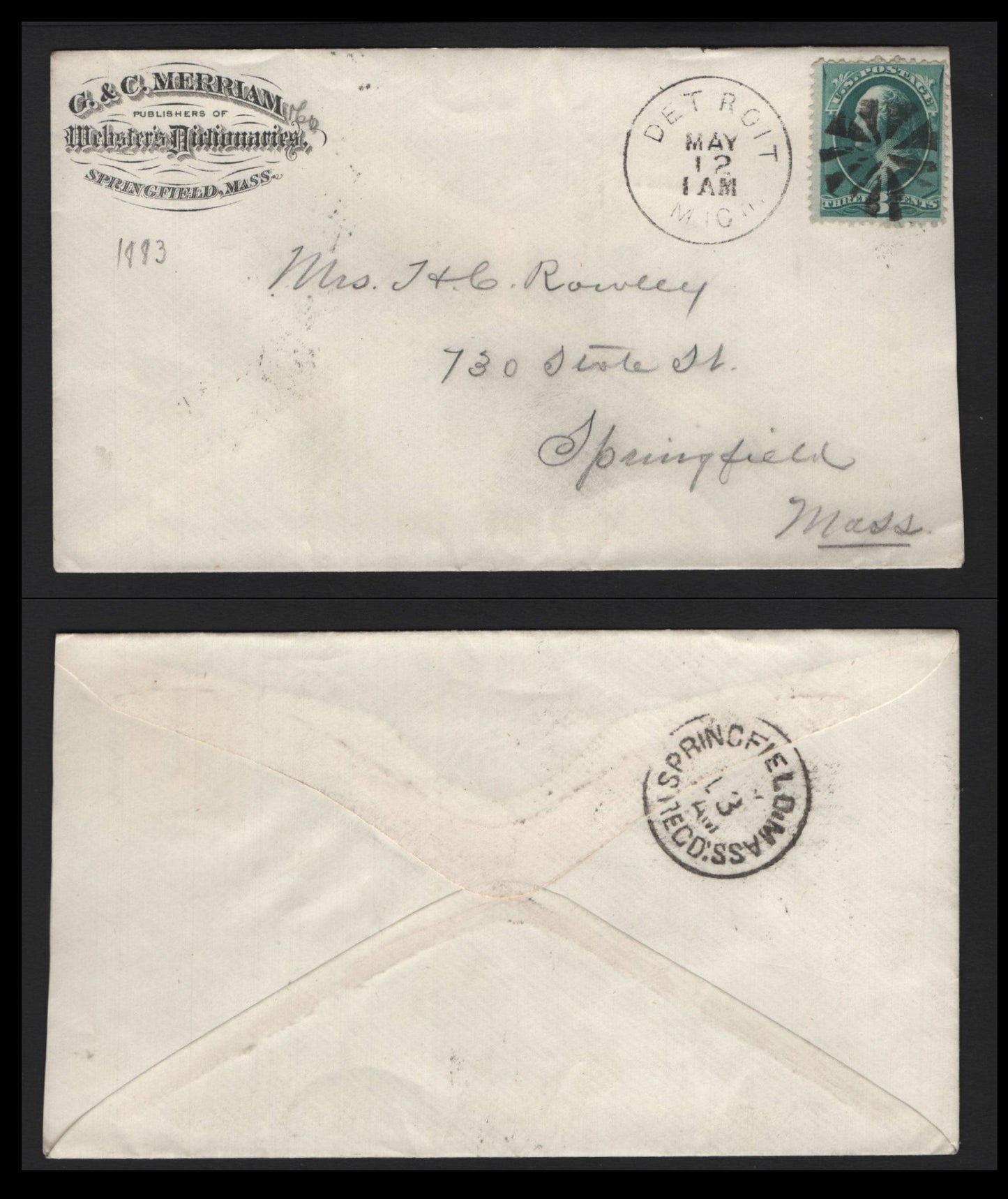 Lot 77 United States SC#207 3c Blue Green , 1881-1882 American Banknote Printing Issue, A Very Fine Used Cover, Re-Engraved ABN Printing, Mirriam Webster Corner Card Cover, Lovely Circle of Wedges Detroit Duplex Cancel.