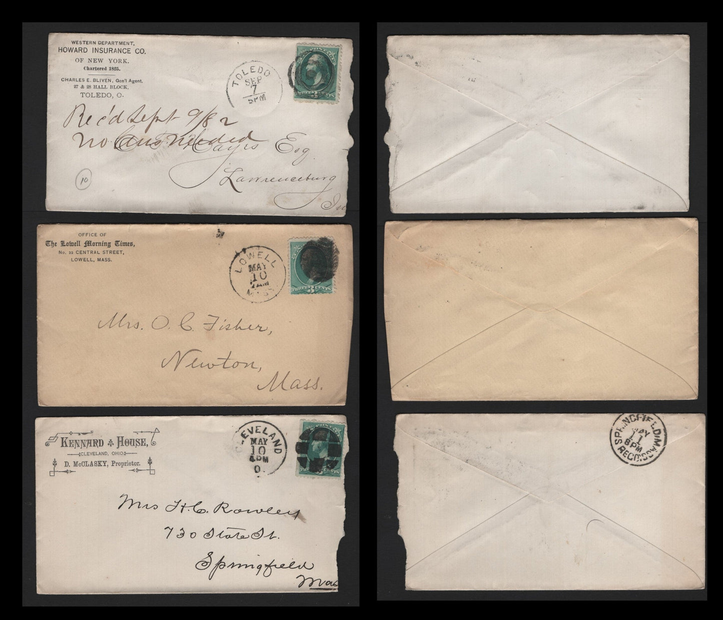 Lot 78 United States SC#207 3c Blue Green , 1881-1882 American Banknote Printing Issue, 3 Very Fine Used Covers, Re-Engraved ABN Printing On Advertising Corner Card Covers For Kenard House, The Lowell Morning Times & Howard Insurance Co