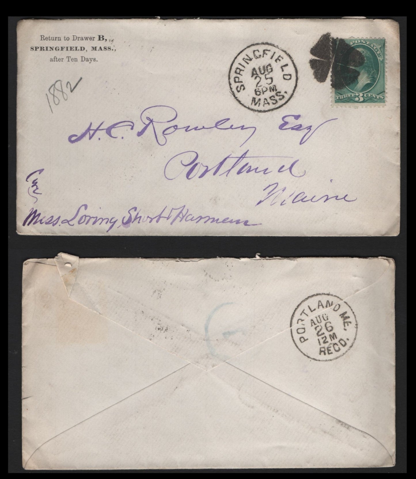 Lot 83 United States SC#207 3c Blue Green , 1881-1882 American Banknote Printing Issue, 2 Fine Used Covers, Sent From Springfield Mass to Portland Maine, The Stamp Is Tied With a Springfield Circle of Wedges Duplex