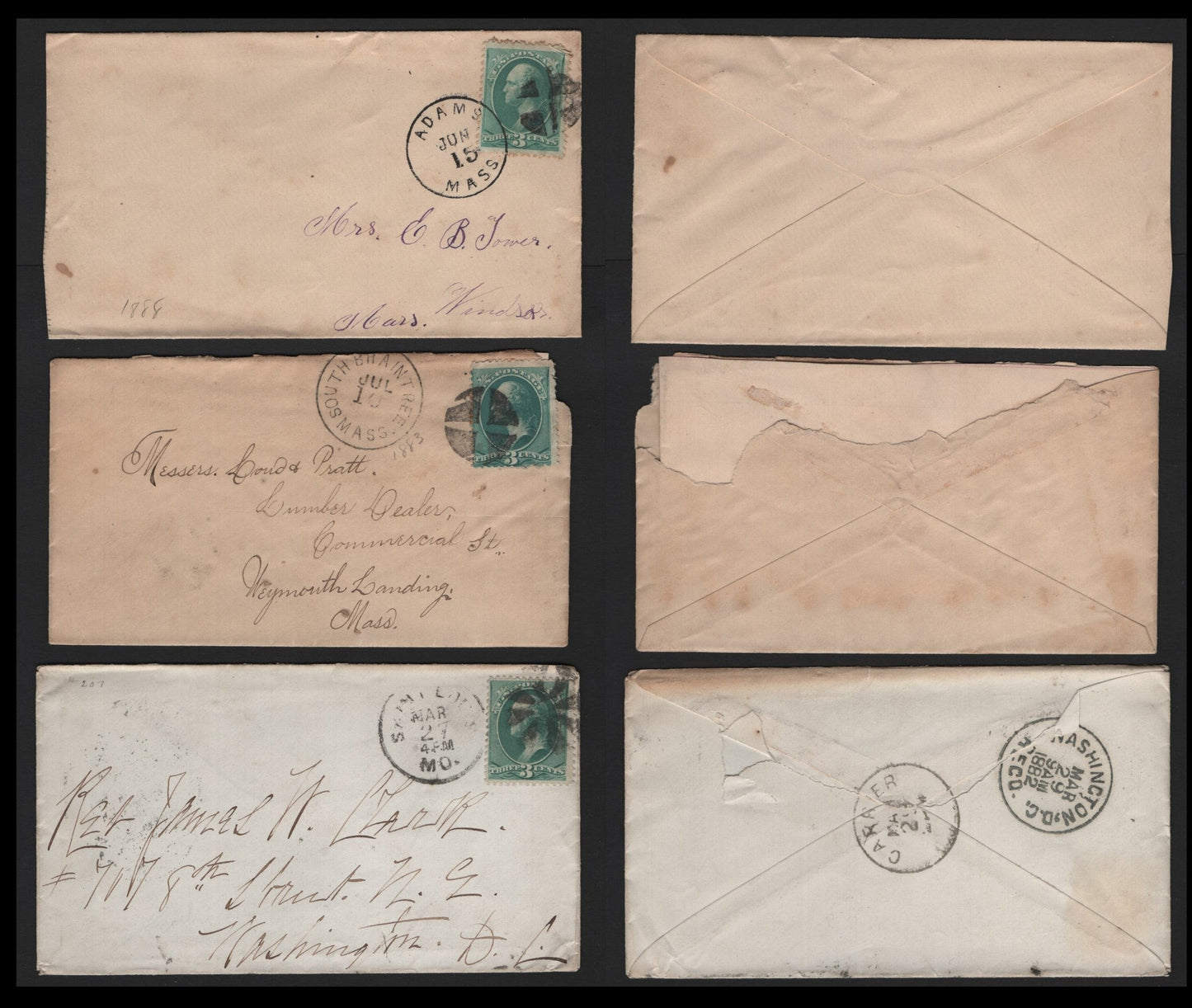 Lot 87 United States SC#207 3c Blue Green , 1881-1882 American Banknote Printing Issue, 3 Very Good/Fine/Very Fine Used Covers, Re-Engraved 1880 Covers, Tied With A Different Circle Of Wedges Cnacel (South Braintree, MA), St Louis & Adams