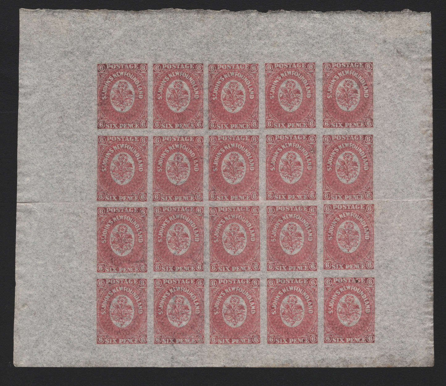 Lot 9 Newfoundland #20, 20iii 6d Rose , 1861-1862 Pence Issue, A GEM NH/OG Sheet Of 20, Lightly Folded Horizontally Between Rows 2 & 3 But The Fold Crease, While It Just Touches The Frame Of The Stamps In Columns 3 & 4 Does Not Cut Into The Design