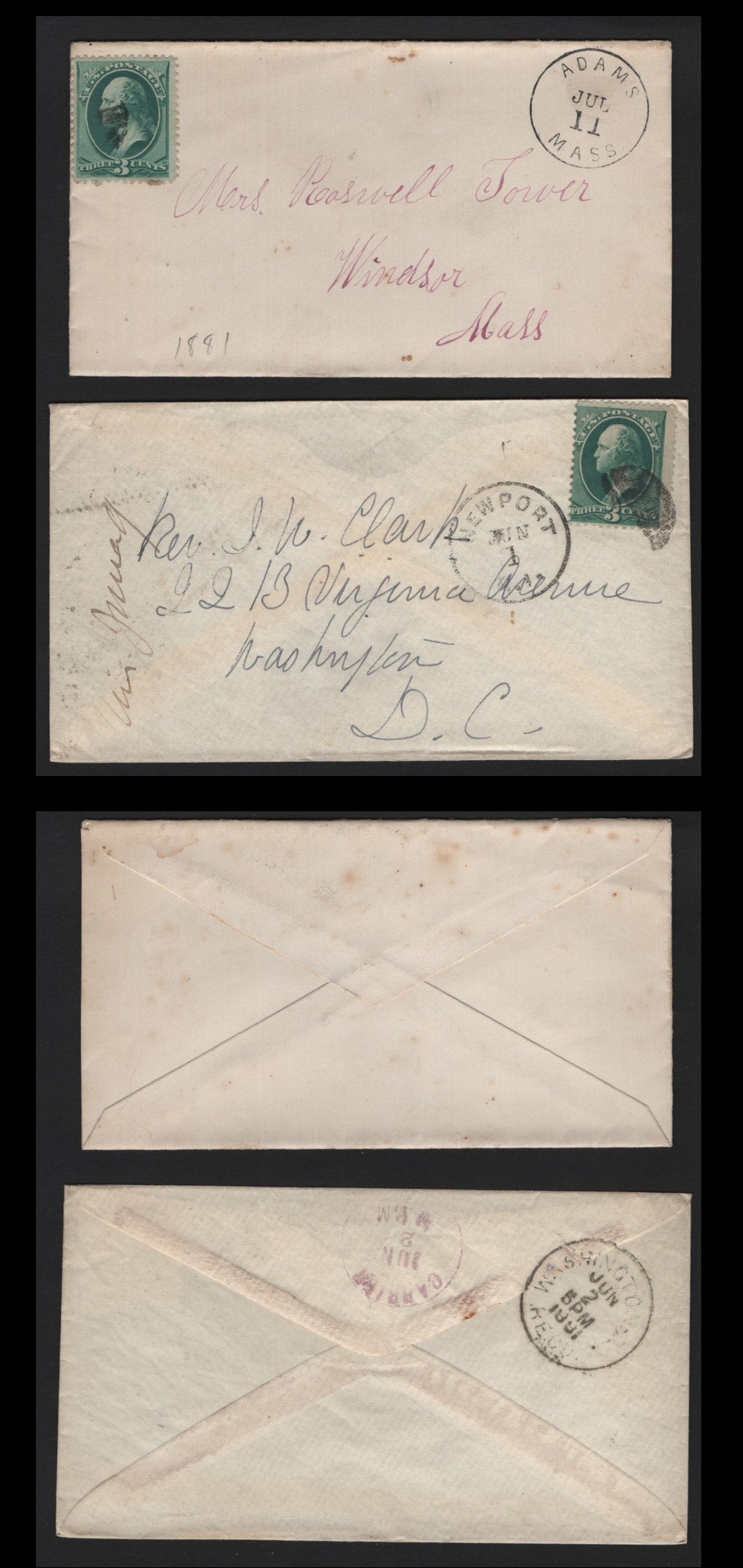 Lot 96 United States SC#184 3c Green , 1879 American Banknote Printing Issue, 2 Fine/Very Fine Used Covers, ABN Printing, Newport RI to Washington DC & Adams Mass to Windsor, Mass, Crown Circle Of Wedges Duplex Cancels.
