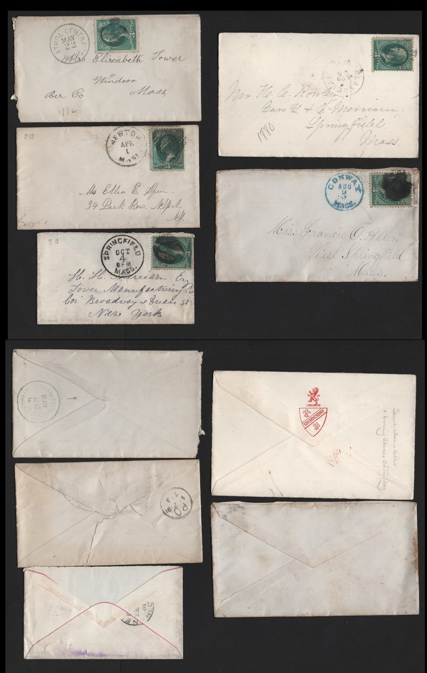 Lot 97 United States SC#184 3c Green , 1879 American Banknote Printing Issue, 5 Fine/Very Fine Used Covers, ABN Soft Paper Printings, Massachusetts Smudge Duplex Cancels Or Less Clear Wedge Cork Duplexes