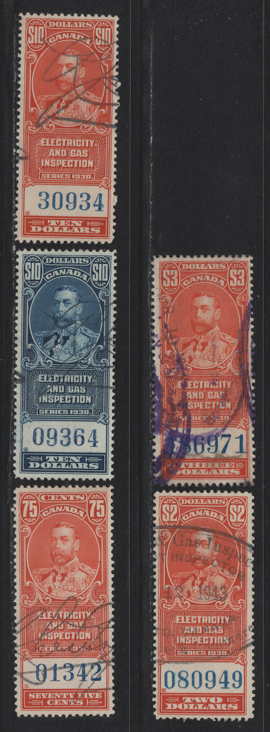 Lot 100 Canada Van Dam#FEG3, FEG5-7, FEG11 75c - $10 Vermillion - Blue, 1930 KGV Electricity & Gas Inspection Issue, 5 Fine/Very Fine Used Singles