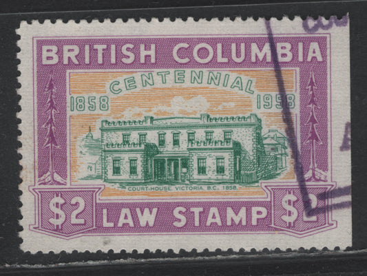 Lot 10 Canada - BC (C) Van Dam#BCL50 $2 Magenta, Orange & Green, 1958 Centennial Issue, A Very Fine Used Single, Province Of British Columbia