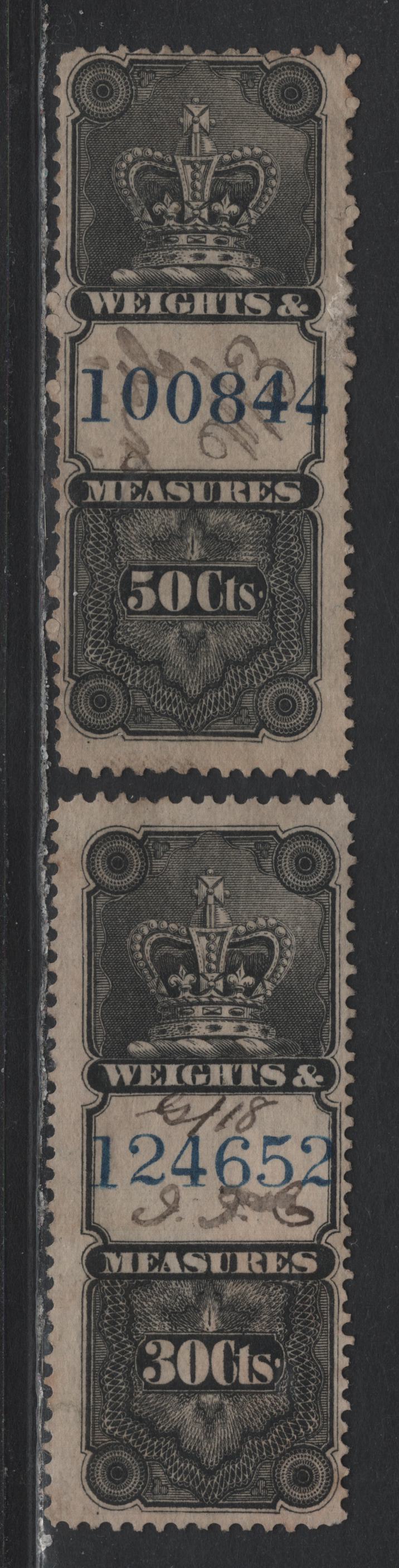 Lot 101 Canada Van Dam#FWM28-29 30c - 50c Black, 1885 Crown Weights & Measures Issue, 2 Fine Used Singles