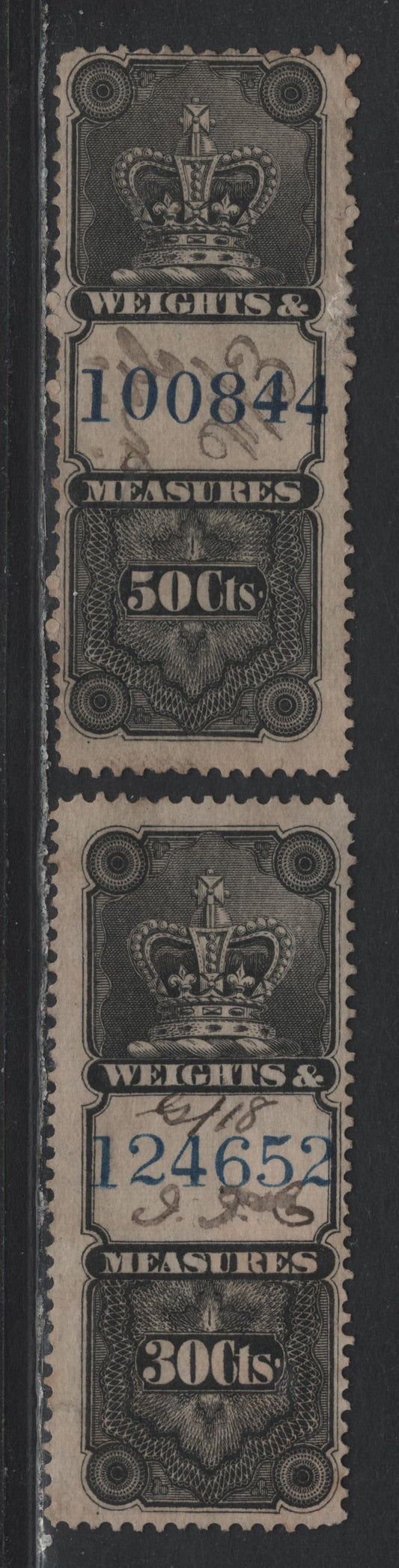 Lot 101 Canada Van Dam#FWM28-29 30c - 50c Black, 1885 Crown Weights & Measures Issue, 2 Fine Used Singles