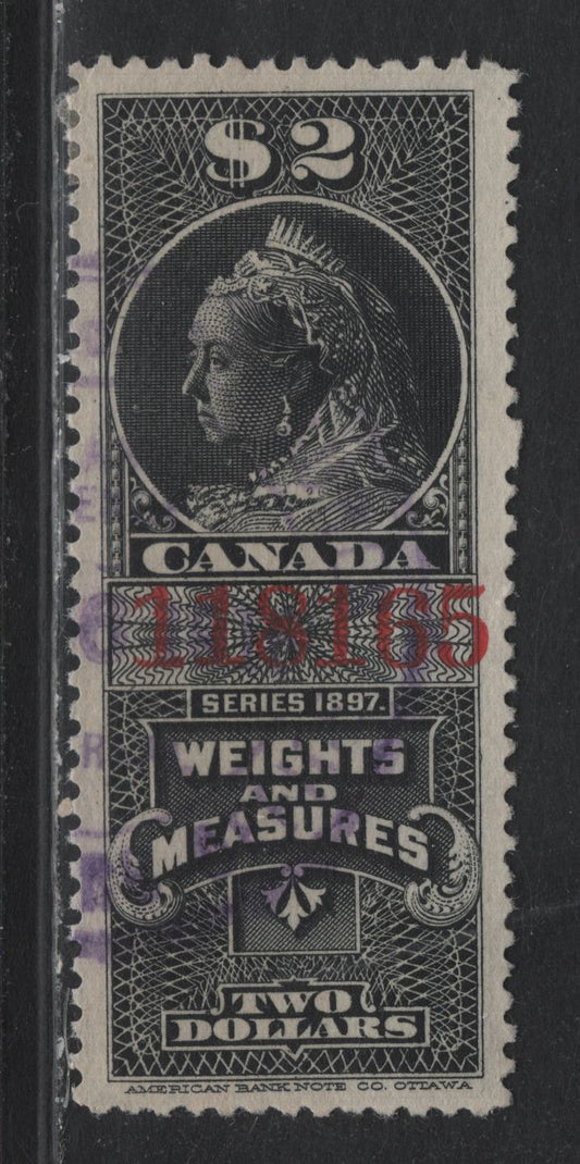 Lot 102 Canada Van Dam#FWM44 $2 Black, 1885 Crown Weights & Measures Issue, A Fine Used Single, Red Control Number, Nice Used Example With Jumbo Margins, Small Internal Crease.