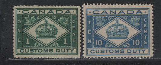 Lot 104 Canada Van Dam#FCD1, FCD4 1c - 10c Green - Blue, 1914-1935 Crown Design Cutoms Duty Issue, 2 VFNH Singles, 1c Wet Printing, 10c Dry