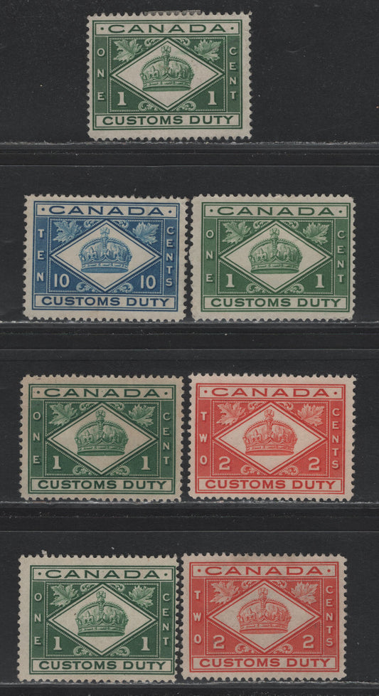 Lot 105 Canada (C) Van Dam#FCD1-2, FCD4 1c - 2c Deep Green - Salmon, 1914-1935 Crown Design Cutoms Duty Issue, 7 F/VFOG Singles, 1c Deep Green & 10c Blue Green Wet Printings, Rest Water