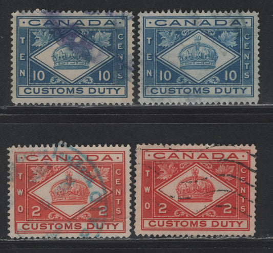 Lot 106 Canada (C) Van Dam#FCD2, FCD4 2c - 10c Deep Salmon - Blue, 1914-1935 Crown Design Cutoms Duty Issue, 4 Fine/Very Fine Unused Singles, 2d Deeo Salmon Wet Printing