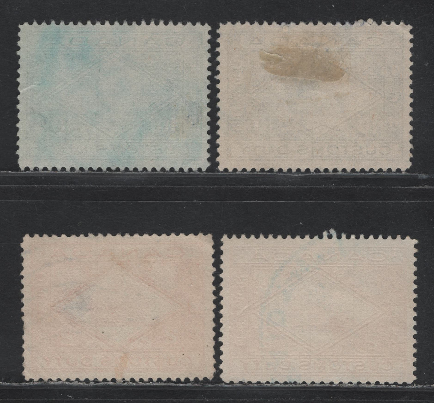 Lot 106 Canada (C) Van Dam#FCD2, FCD4 2c - 10c Deep Salmon - Blue, 1914-1935 Crown Design Cutoms Duty Issue, 4 Fine/Very Fine Unused Singles, 2d Deeo Salmon Wet Printing