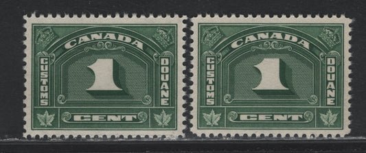 Lot 107 Canada Van Dam#FCD6 1c Dark Green - Blue Green, 1935 Bilingual Customs Duty Issue, 2 VFNH Singles, Deep Cream Satin Gum
