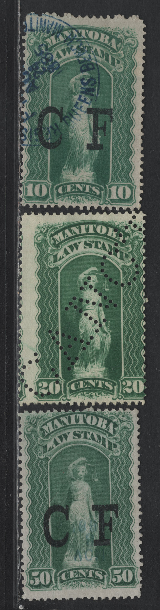 Lot 11 Canada - Manitoba Van Dam#ML7, ML10, ML105 10c-50c Green, 1877-1892 CF Overprinted Law - Nince Scallops Law Issues, 3 Fine Used Singles, Province Of Manitoba
