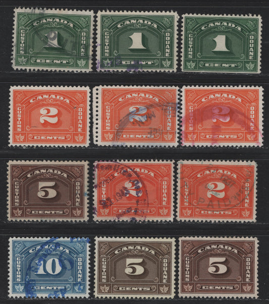 Lot 112 Canada Van Dam#FCD6-9 1c - 10c Dark Green - Blue, 1935 Bilingual Customs Duty Issue, 12 Very Fine Used Singles, Used Group Of Singles, Printed IN Various Shades On Various Papers, Between 1935 & 1965.