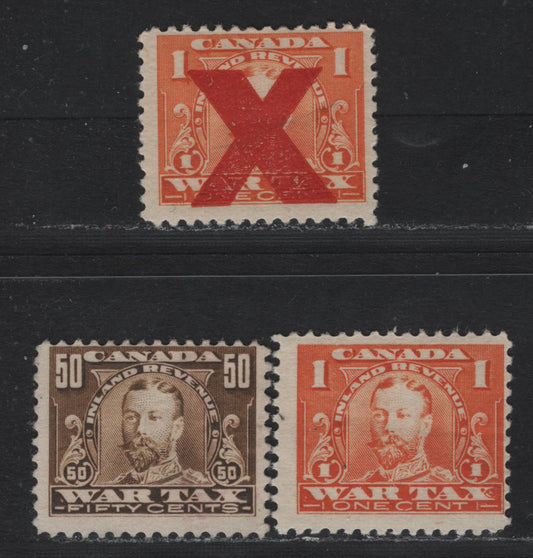 Lot 115 Canada Van Dam#FWT7, FWT7a, FWT16 1c - 50c Orange - Deep Brown, 1920 KGV Wartax Issue, 3 FOG & Unused Singles, Including X Precancel, Both 1c Have Gum, But 50c Has None
