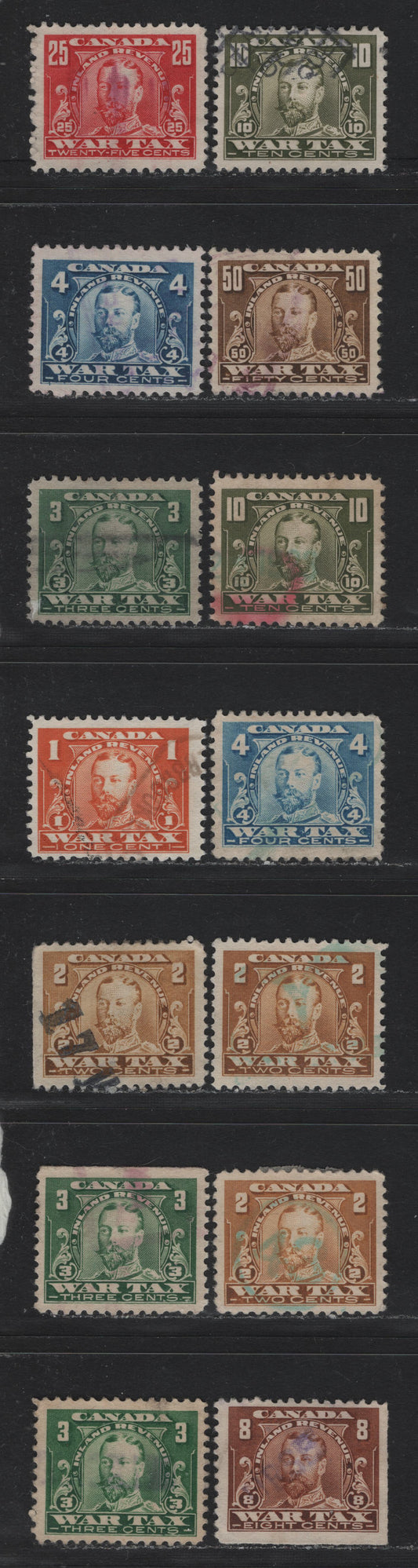 Lot 116 Canada Van Dam#FWT7-10, FWT12-13,FWT15-16 1c - 50c Orange - Brown, 1920 KGV Wartax Issue, 13 Very Fine Used Singles, Selection With Shade Varieties
