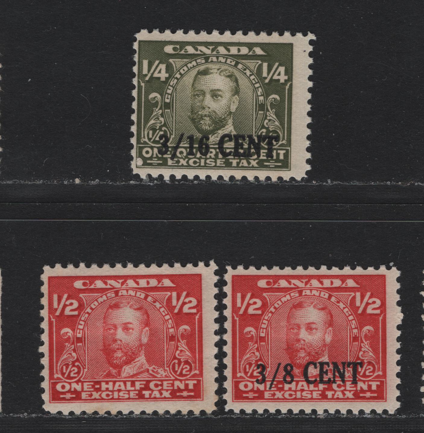 Lot 117 Canada Van Dam#FX2, FX21, FX23 3/16c in 1/4c - 1/2c Olive Green - Carmine, 1915-1923 Excise Tax & Surcharged Issues, 3 FOG Singles