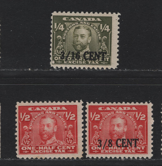 Lot 117 Canada Van Dam#FX2, FX21, FX23 3/16c in 1/4c - 1/2c Olive Green - Carmine, 1915-1923 Excise Tax & Surcharged Issues, 3 FOG Singles