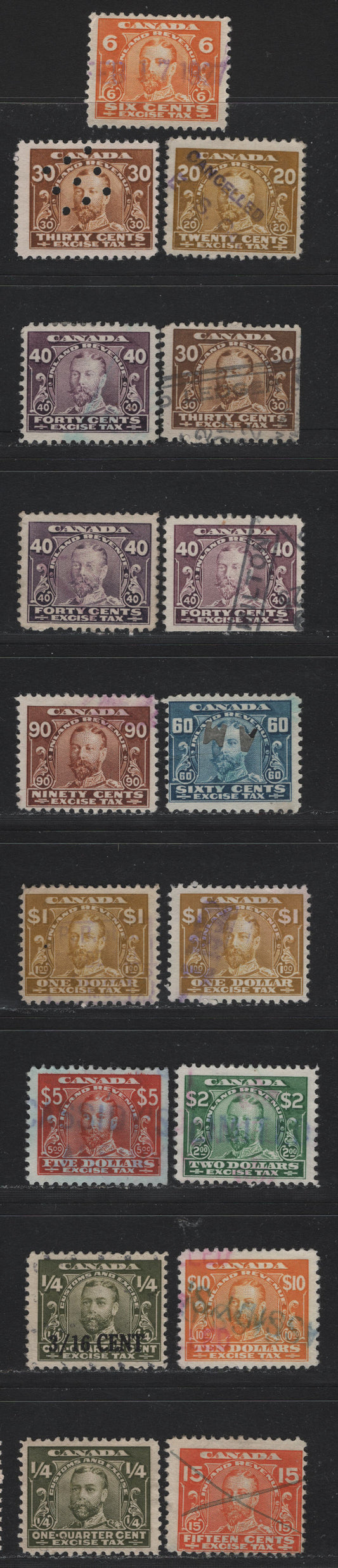 Lot 118 Canada Van Dam#FX1. FX3, FX6-9, FX13-15, FX18-19, FX21FX35 6c - $10 Orange - Orange Yellow, 1915-1923 Excise Tax & Surcharged Issues, 17 Fine/Very Fine Used Singles, Some Extra Shades Of 30c, 40c & $1