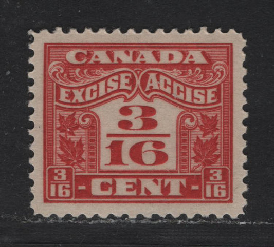 Lot 119 Canada Van Dam#FX35 3/16c Carmine, 1925-1928 Two Leaf Excise Tax Issue, A SUPOG Single, Superb Jumbo Marginal, Dry Printing