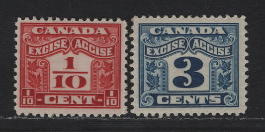 Lot 120 Canada Van Dam#FX34, FX38 1/10c - 3c Carmine - Blue, 1925-1928 Two Leaf Excise Tax Issue, 2 VFOG Singles, Dry Printings, 3c Having Jumbo Margins