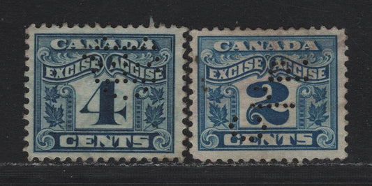 Lot 121 Canada Van Dam#FX36var, FX39var 2c - 4c Light Blue - Blue, 1925-1928 Two Leaf Excise Tax Issue, 2 Very Fine Used Singles, 2c Wet Printing, 4c Dry Printing, CPR & Yorkton Sask International Harvester Perfins, Both From Pos. 2.