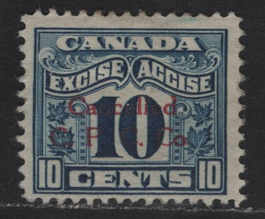 Lot 122 Canada Van Dam#FX42var 10c Dark Blue, 1925-1928 Two Leaf Excise Tax Issue, A FOG Single, Dry Printing, Red Canada Playing Card Precancel Overprint