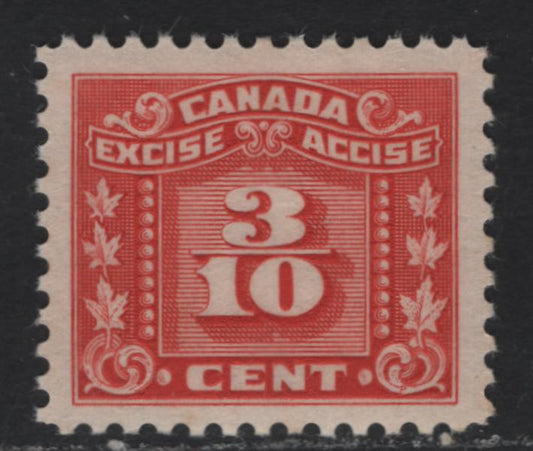 Lot 123 Canada Van Dam#FX58 3/10c Red, 1925-1928 Two Leaf Excise Tax Issue, A VFOG Single, Brownish Cream Semi Glossy Gum, Very Well Centered With Gigantic Margins For A BABN Printing