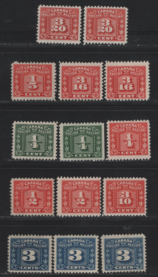 Lot 124 Canada Van Dam#FX52-54, FX56-58, FX60, FX64 3/20c - 3c Red - Blue, 1925-1928 Two Leaf Excise Tax Issue, 14 F/VFOG Singles, Variety of Shades & Papers, Including Scarcer Rolling Press 3c, Most All Of These Are Flat Plate Printings.