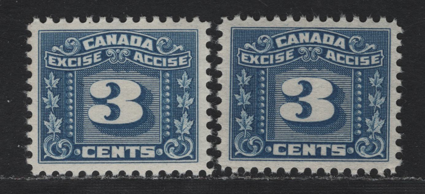 Lot 125 Canada Van Dam#FX64 3c Blue, 1925-1928 Two Leaf Excise Tax Issue, 2 VFNH Singles, Yellowish & Light Cream Gum, Very Well Centered Examples