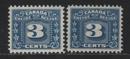 Lot 125 Canada Van Dam#FX64 3c Blue, 1925-1928 Two Leaf Excise Tax Issue, 2 VFNH Singles, Yellowish & Light Cream Gum, Very Well Centered Examples