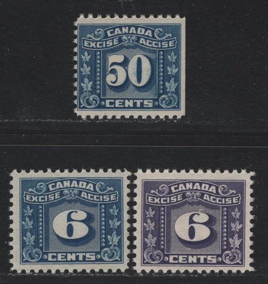 Lot 89 Canada Van Dam#FX67-68, FX80 6c - 50c Blue, 1925-1928 Two Leaf Excise Tax Issue, 3 FNH Singles, All With Cream Gum