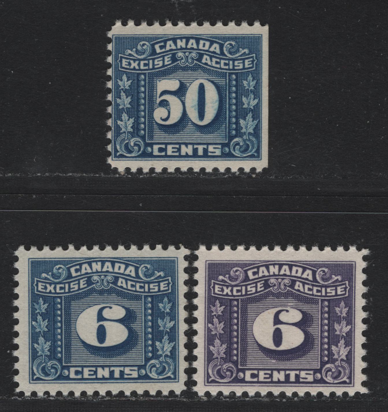 Lot 127 Canada Van Dam#FX67-68, FX80 6c - 50c Blue, 1925-1928 Two Leaf Excise Tax Issue, 3 FNH Singles, All With Cream Gum