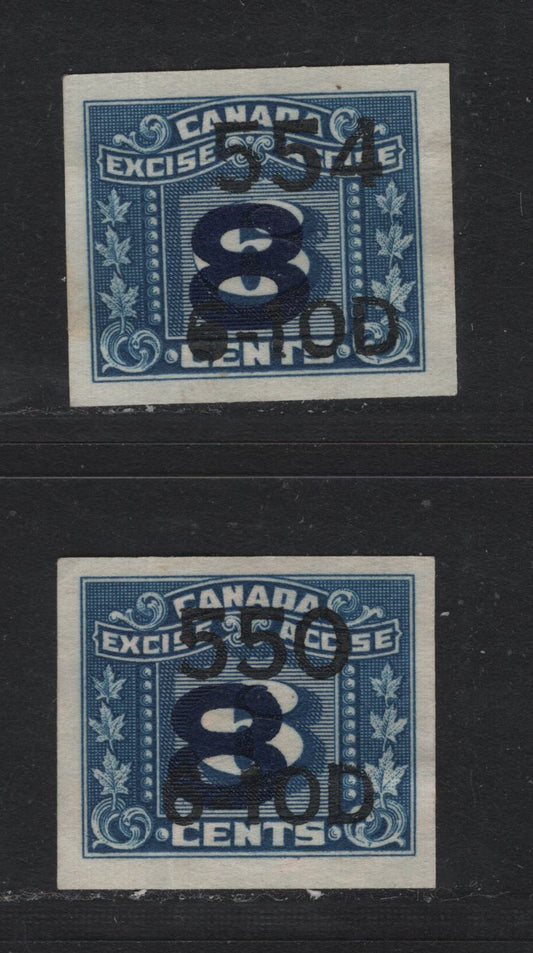 Lot 130 Canada Van Dam#FX138 8c on 6c Blue, 1932-1948 Three Leaf Excise Tax Issue, A Very Fine Used Single, Imperf 3 Leaf Excise Tax Stamp, Different Cigarette Company Date Codes