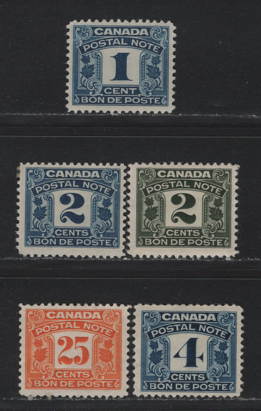 Lot 134 Canada (C) Van Dam#FPS1, FPD3-4, FPS6, FPS14 1c - 25c Blue - Orange, 1932-1948 First Postal Note & Scrip Issue, 5 F/VFOG Singles