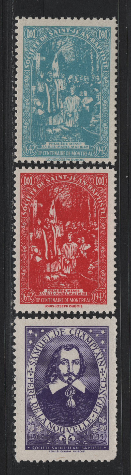 Lot 140 Canada (C) Lafreniere 1942-1945 Saint-Jean Baptiste Society Labels, 3 F/VFOG Singles