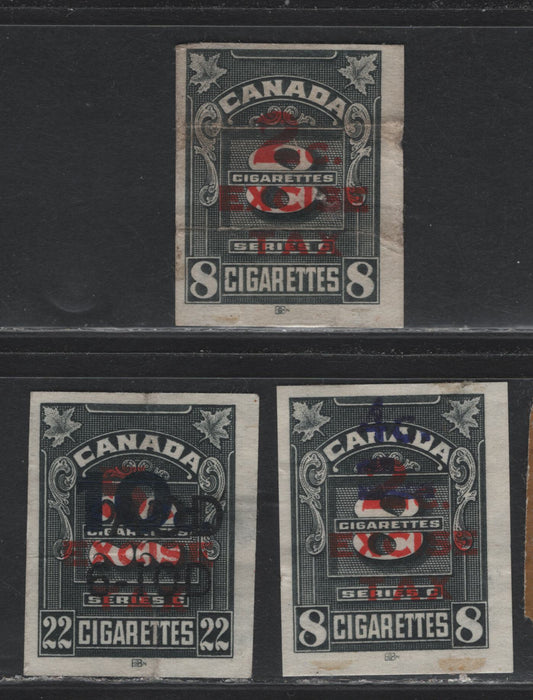 Lot 154 Canada Ryan#RC627, RC694, RC697 2c on 8, 4c on 8c on 8, 10c on 5c on 22 Black, 1942-1943 Overprinted Cigarette Duty Issue, 3 Ungraded Singles, Usual Light To Moderate Creases & Thins
