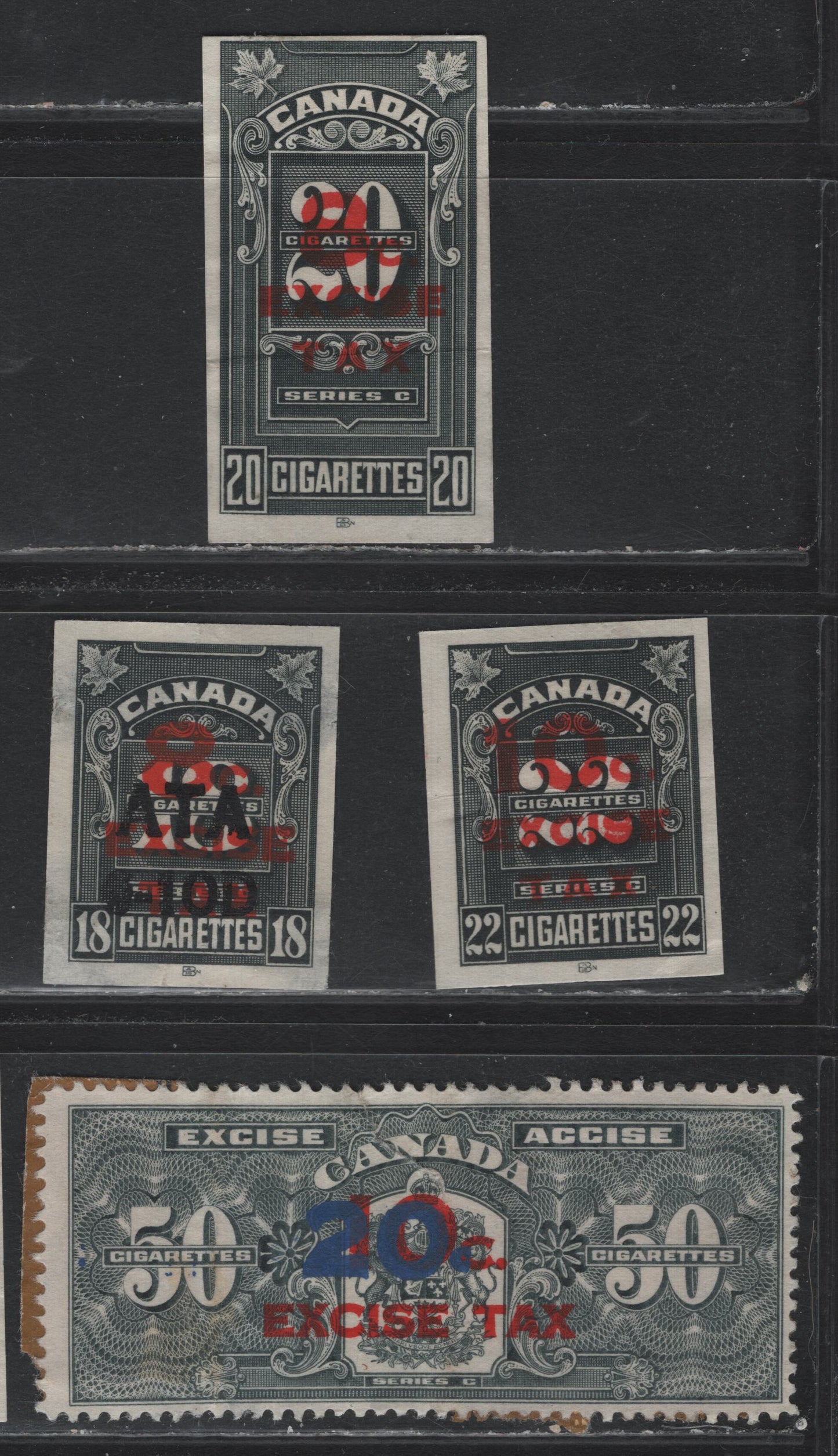 Lot 155 Canada Ryan#RC770, RC772, RC791, RC758 8c on 18, 10c on 22, 8c on 20 and 20c on 10c on 50c Black, 1943 Overprinted Cigarette Duty Issue, 4 Ungraded Singles, 10c on 22 is Wide-tax, Usual Moderate Creases & Thins, Oblong Stamp Has A Small Tear.