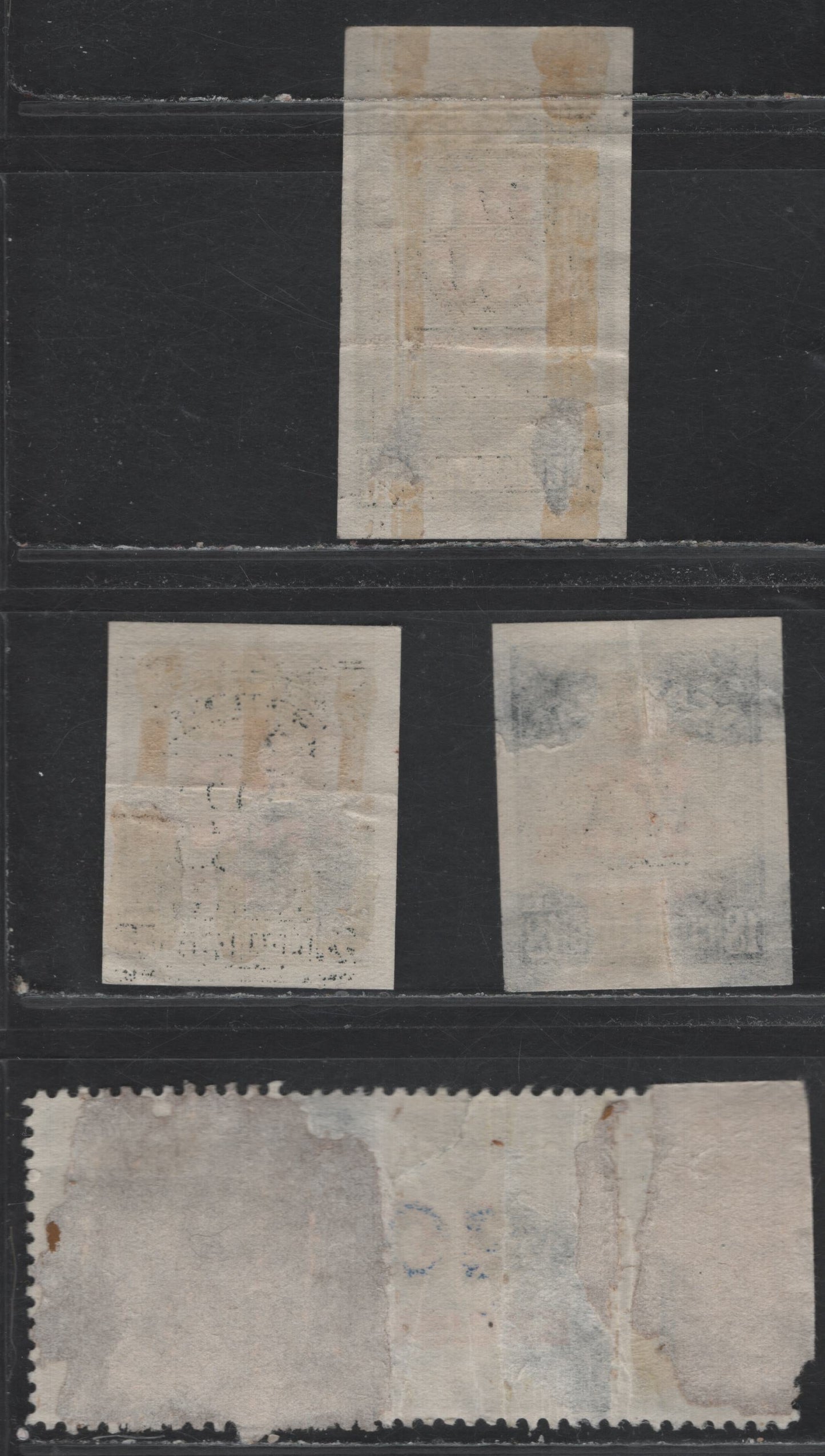 Lot 155 Canada Ryan#RC770, RC772, RC791, RC758 8c on 18, 10c on 22, 8c on 20 and 20c on 10c on 50c Black, 1943 Overprinted Cigarette Duty Issue, 4 Ungraded Singles, 10c on 22 is Wide-tax, Usual Moderate Creases & Thins, Oblong Stamp Has A Small Tear.