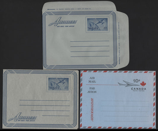 Lot 158 Canada (C) #UA18, UA20a, UA24 10c Blue - Red, Black & Gray, 1953-1967 Wilding - Centennial Issues, 3 Very Fine Used Aerogrammes, UA18 - In UL Corner, UA20a Unwatermarked, Aerogramme In LL Corner and UA25 With Dotted Line At 'First Fold Here'