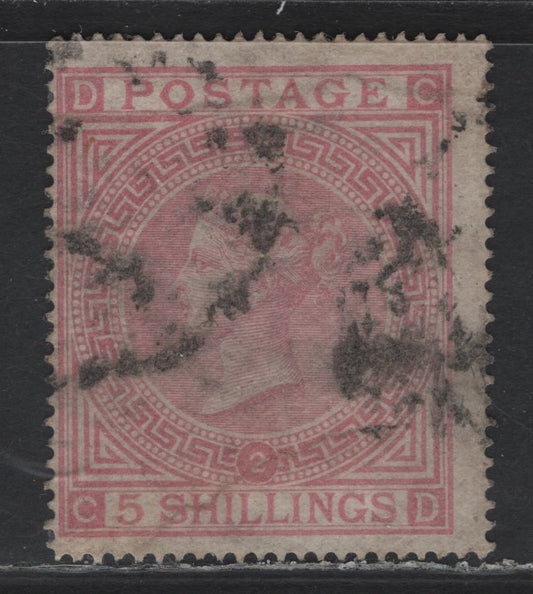 Lot 160 Great Britain (C) SG#127 5/- Pale Rose, 1867-1880 Queen Victoria Surface Printed Issue, A Good Used Single, Plate 2, Maltese Cross Wmk, Full Intact Perfs, But Not Fresh & Expert Repair In UR Corner.