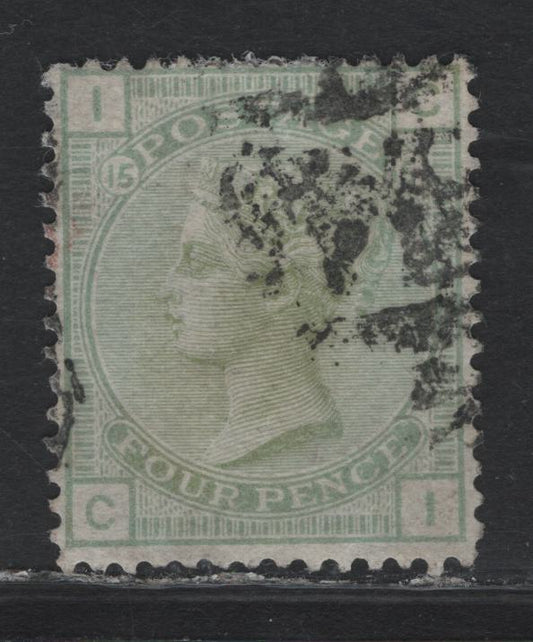 Lot 161 Great Britain (C) SG#153 4d Sage Green, 1873-1880 Queen Victoria Surface Printed Issue, A Fine Used Single, Plate 15, Large Garter Wmk, Average Cancel, Profile Mostly Clear & Color Is Decent, Large Colored Corner Letters.