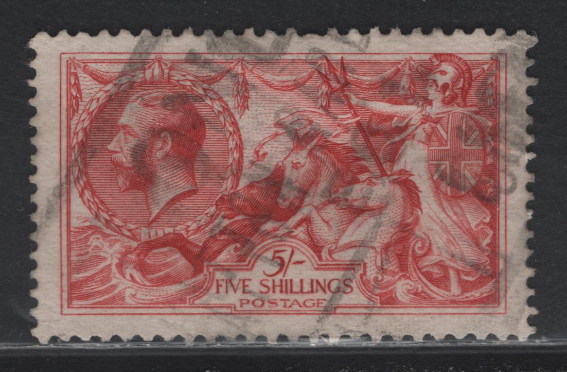 Lot 167 Great Britain (C) SG#416 5/- Rose Red, 1918-1919 Seahorses Issue, A Fine Used Single, Bradbury Wilkinson Printing, 1 Creased Perf At Bottom & Light Parcel Cancel
