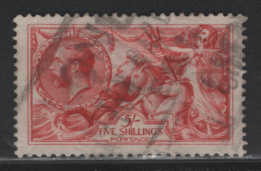 Lot 167 Great Britain (C) SG#416 5/- Rose Red, 1918-1919 Seahorses Issue, A Fine Used Single, Bradbury Wilkinson Printing, 1 Creased Perf At Bottom & Light Parcel Cancel