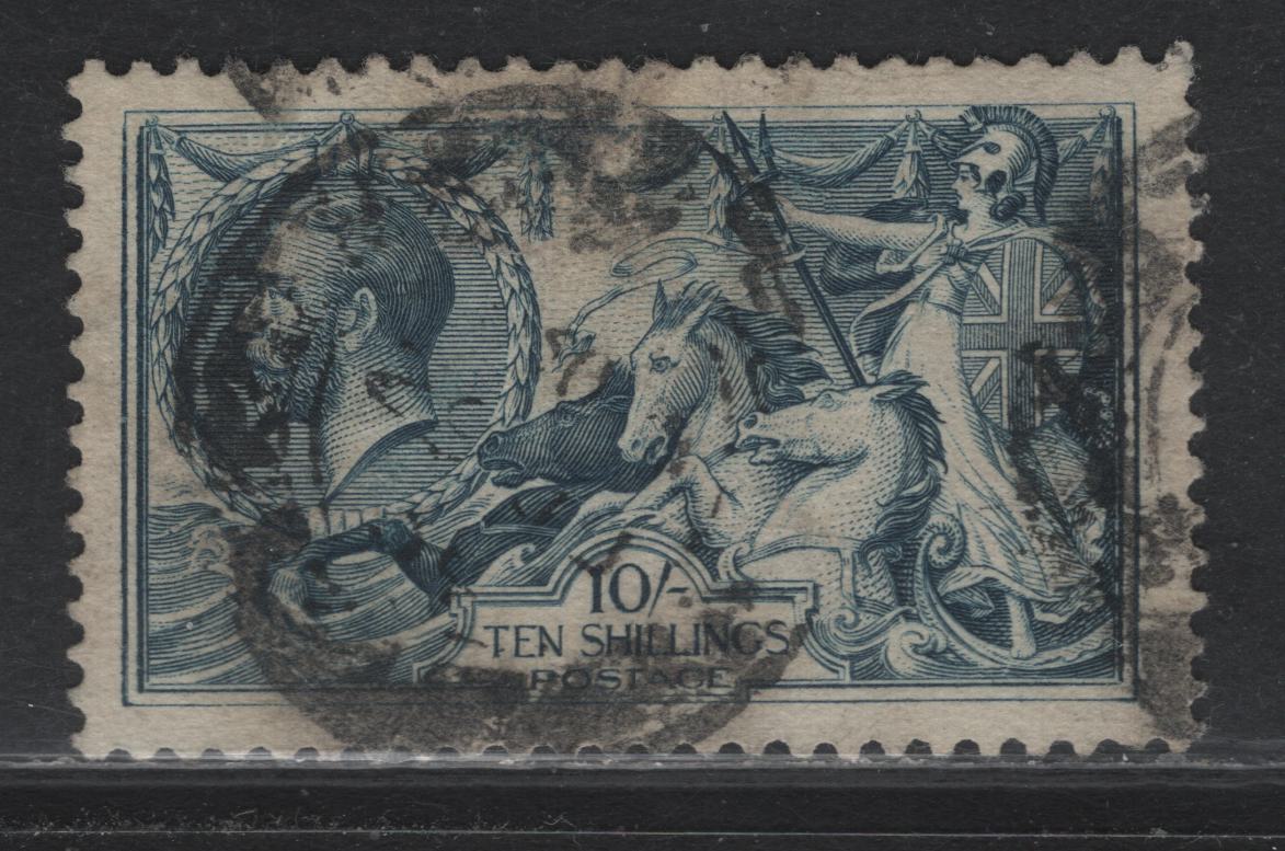 Lot 168 Great Britain (C) SG#417 10/- Dull Gray Blue, 1918-1919 Seahorses Issue, A Very Fine Used Single, Bradbury Wilkinson Printing, Heavy CDS Cancel