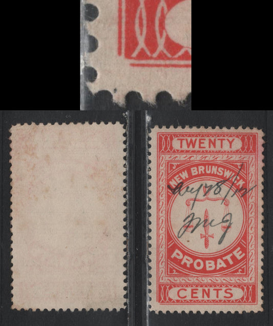 Lot 16 Canada - New Brunswick Van Dam#NBP2var 20c Vermillion, 1895 First Probate Issue, A Very Fine Used Single, Showing Frame Break At LL Corner