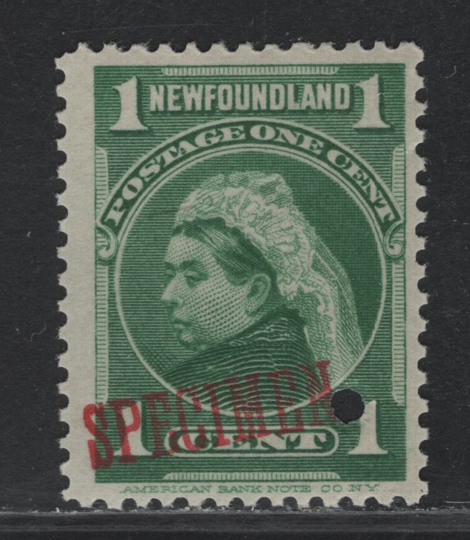 Lot 178 Newfoundland (C) #80 1c Yellow Green, 1897-1901 Royal Family Issue, A VGNH Single, Specimen Overprint, Security Punch Hole, ABNN-T Paper, There Is A Very Tiny Tear At UR Inside A Perf Hole.