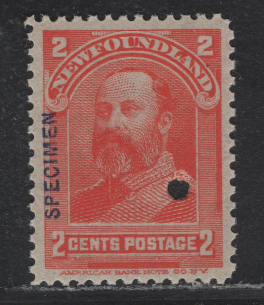 Lot 179 Newfoundland #82s 2c Vermillion, 1897-1901 Royal Family Issue, A VFNH Single, Specimen Overprint, Security Punch Hole, ABNN-U Paper.