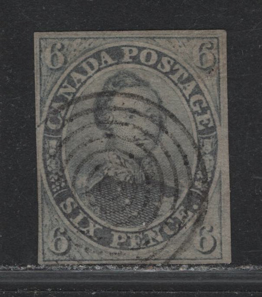 Lot 184 Canada (C) #5 6d Slate Gray, 1852-1857 Pence Issue, A Fine Used Single, Wove Paper, Solid Fine Used Example With Margins Clear Of The Outer Frameline On 2 Sides, Clear To Just Touching  On The Other Two, Light Target Cancel.